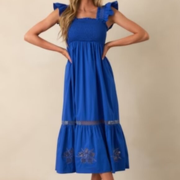 SKIES ARE BLUE Cobalt Blue Cotton Embroidered Eyelet Midi Dress XS NWT - Picture 5 of 9